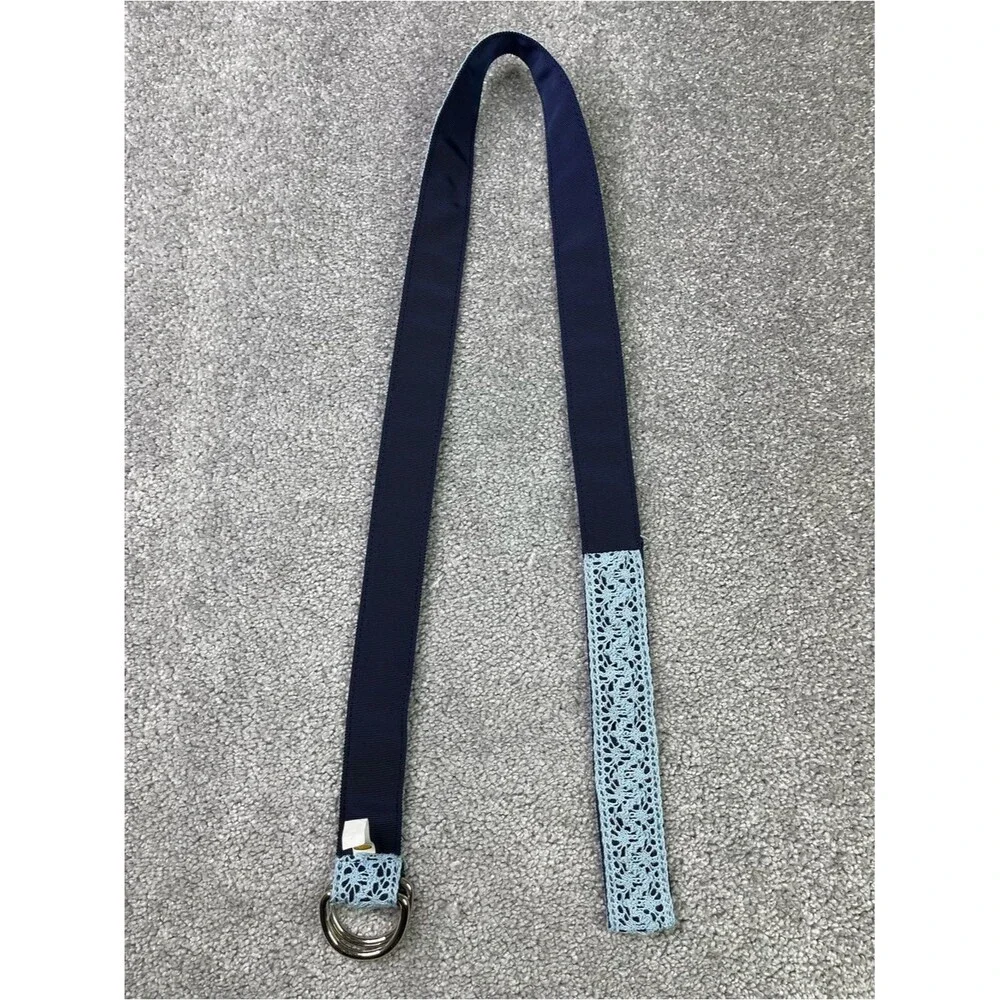 Talbots Lace Overlay D-Ring Belt Light Blue Navy Adjustable Size Large 44 In
